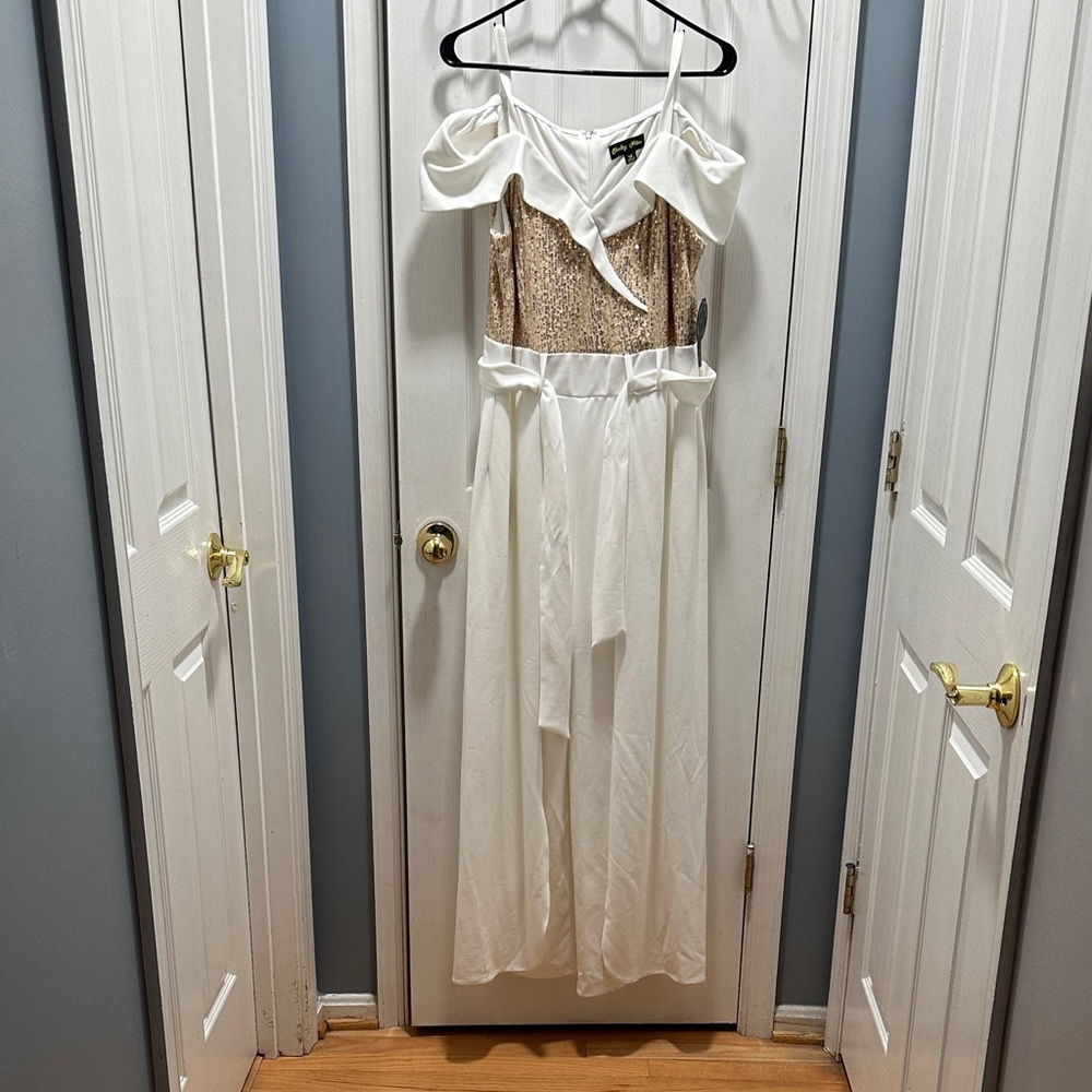 Off-Shoulder White Jumpsuit with Sequin Bodice